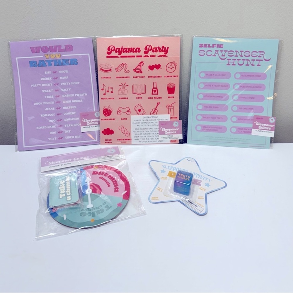 Bundle of 5 Sleepover Party Games, all new in package Target Bullseye Playground